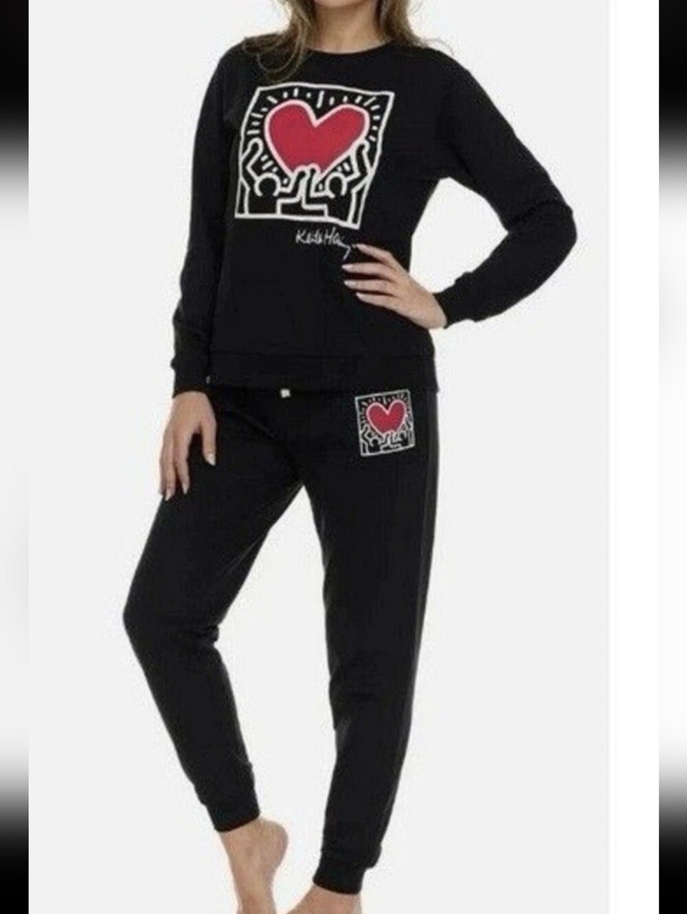 NWOT Keith Haring Womens Black Sweatpants with Red Heart Graphic Print